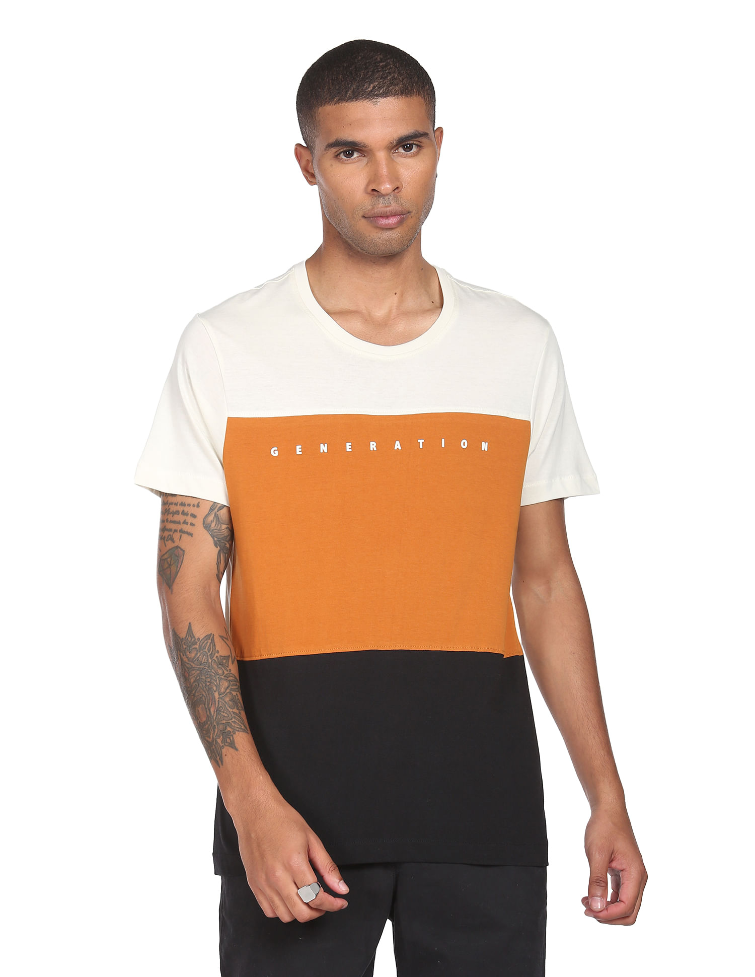 Flying Machine Crew Neck Colour Block Cotton T-Shirt