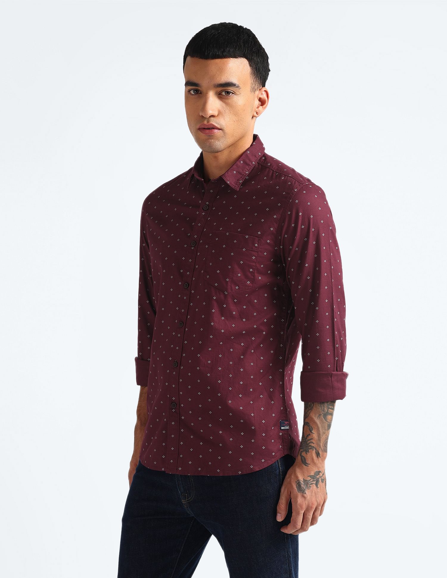 Flying Machine Geometric Print Cotton Shirt