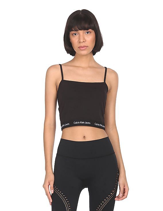 Calvin Klein Jeans Women Black Brand Tape Strappy Solid Crop Top