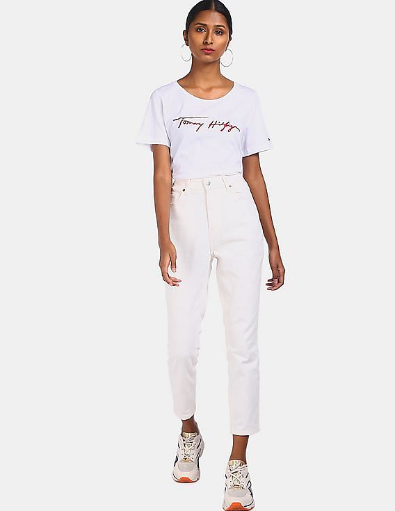 売れ筋商品|||トミーヒルフィガー カットソー トップス レディース Women's Cropped Cotton Crewneck T-Shirt Ancient White Buy Tommy Hilfiger Women White Brand Print Cotton T-Shirt