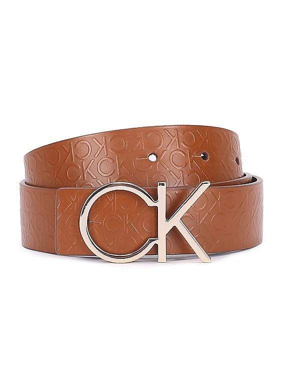 Calvin Klein Women's Two-in-One Reversible CK Monogram Buckle, Black/Grey  Plaque, Small at  Women's Clothing store