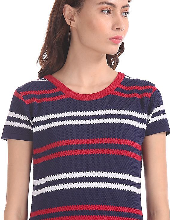 U.S. Polo Assn. Women Blue Patterned Stripe Knit Top
