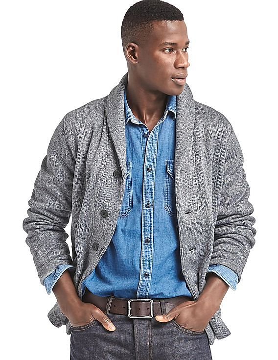 Buy GAP Men Men Grey Herringbone Shawl Collar Cardigan