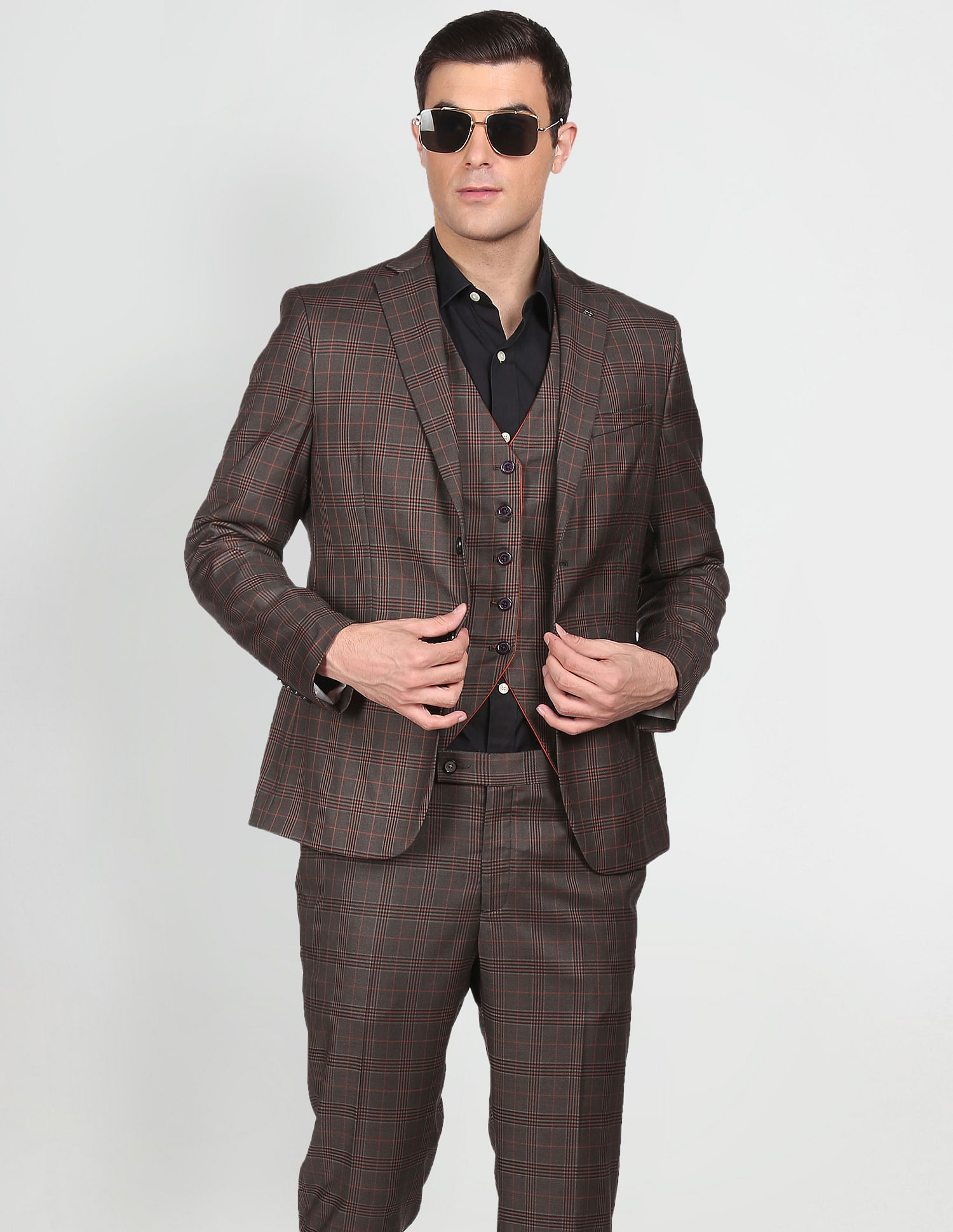 Mens Check Retro Suit Blue Grey Tailored Fit Business Wedding Formal 3 Piece  Set | eBay