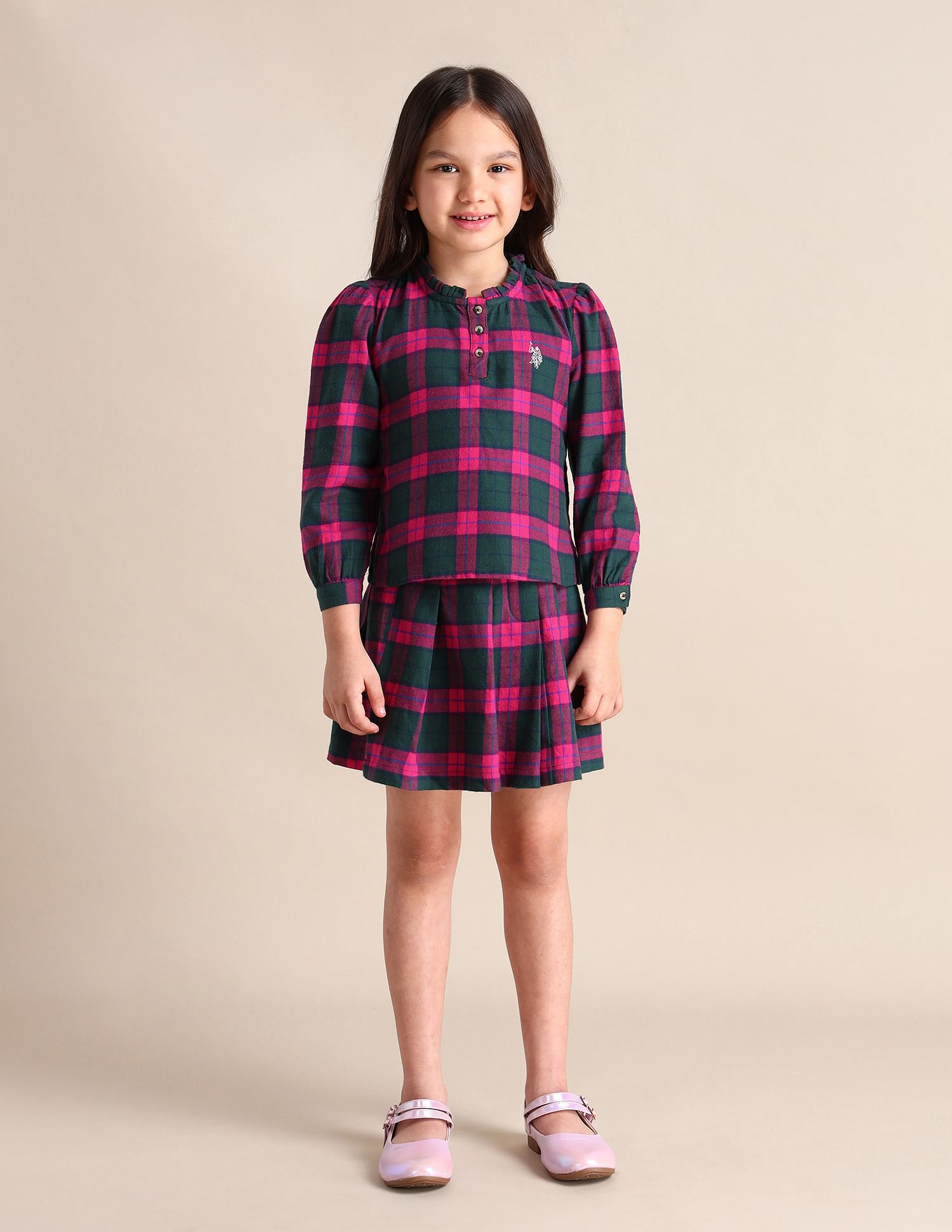 U.S. Polo Assn. Kids Girls Regular Fit Checked Top