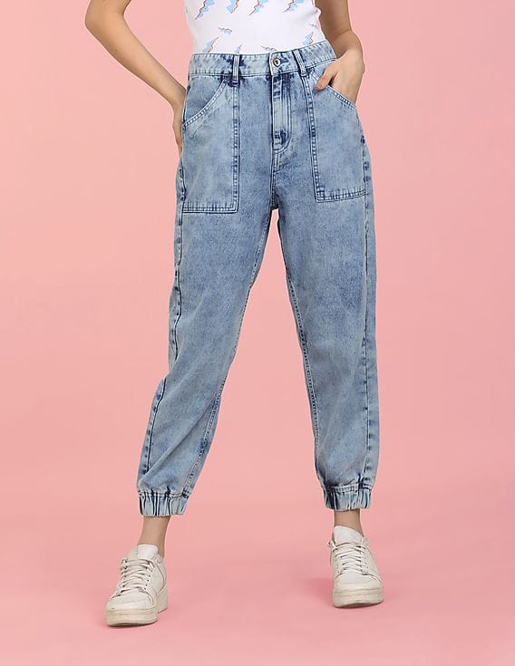 Buy Flying Machine Women Acid Wash Elasticized Ankle Cuff Jeans