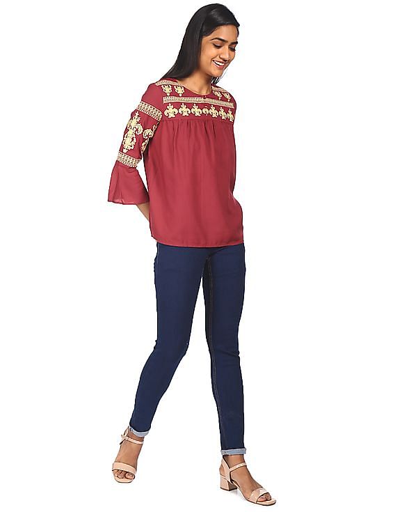 Buy Flying Machine Women Long Sleeve Embroidered Top 