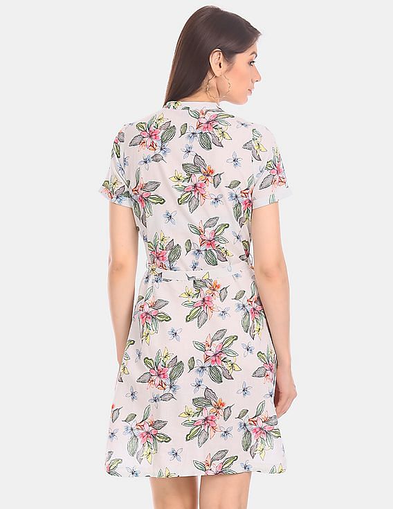U.S. Polo Assn. Women White Mandarin Neck Floral Print Shirt Dress