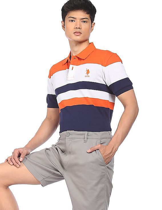 U.S. Polo Assn. Men Orange And Navy Striped Short Sleeve Polo Shirt
