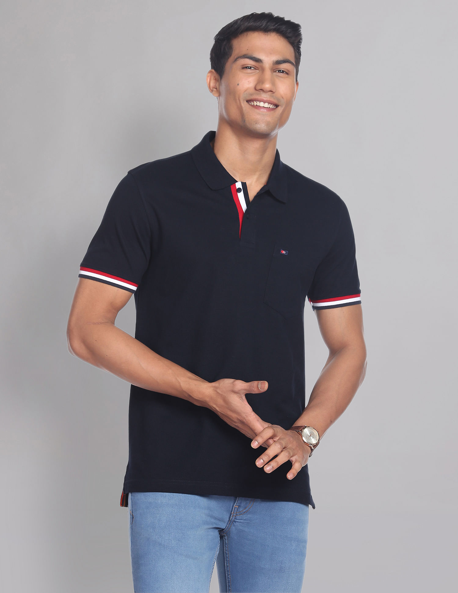 Buy AD by Arvind Men Navy And Yellow Cotton Colour Block Logo Polo Shirt -  NNNOW.com