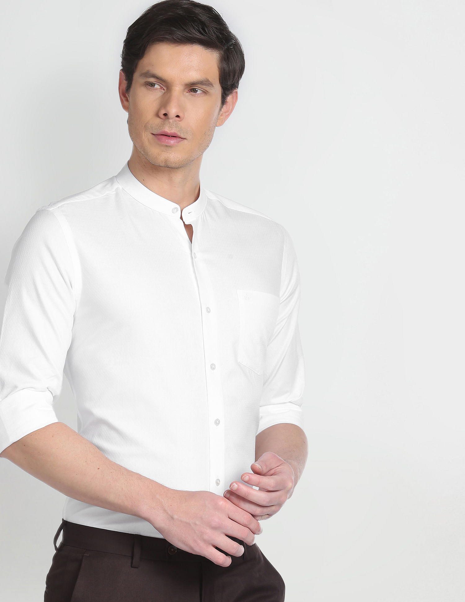 Arrow Mandarin Collar Self Design Formal Shirt