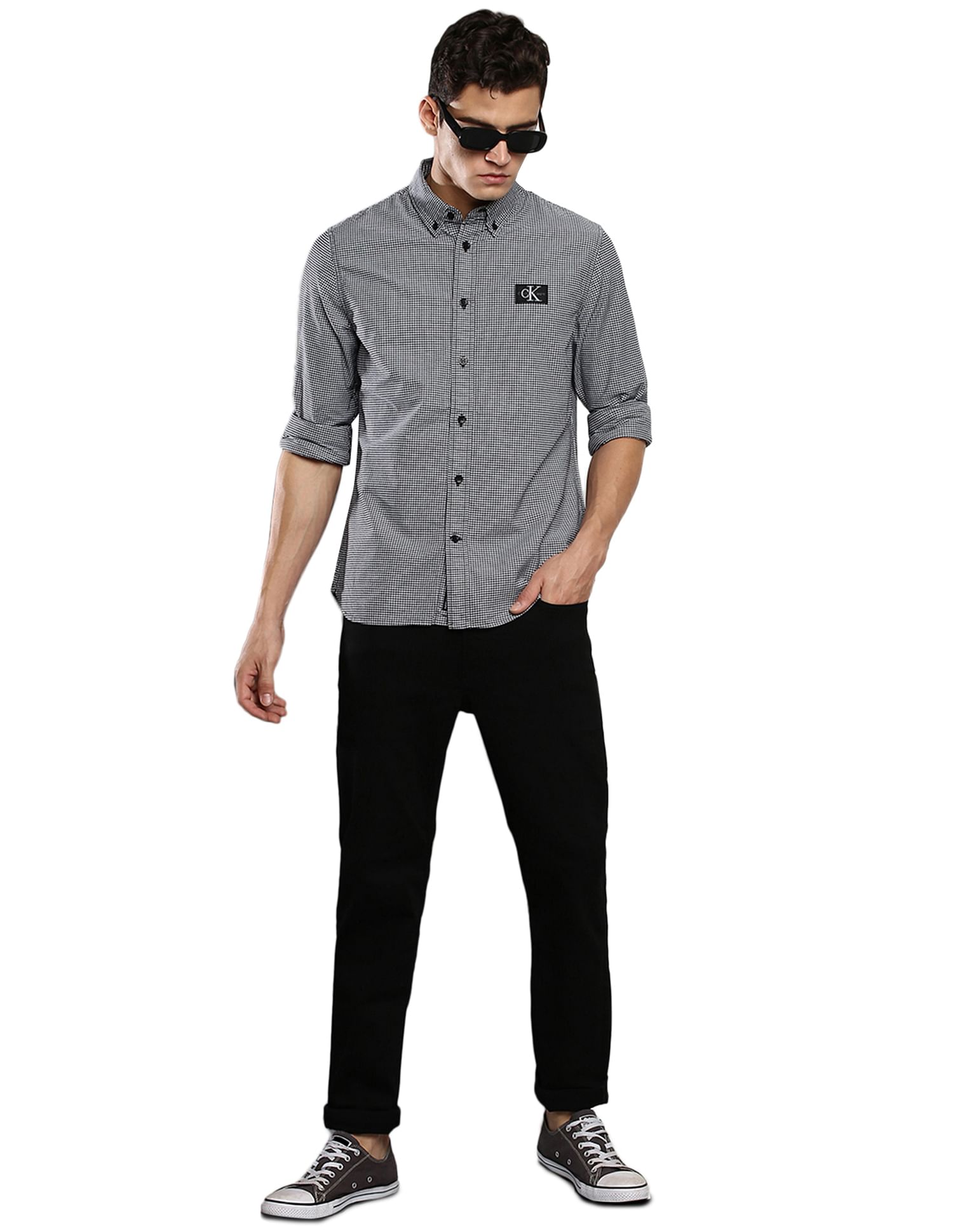 Calvin Klein Men White And Black Shrunken Badge Gingham Check Casual Shirt