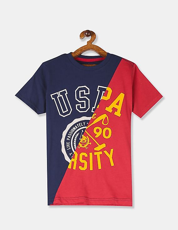 U.S. Polo Assn. Kids Boys Red And Navy Cut And Sew Panel Printed T-Shirt