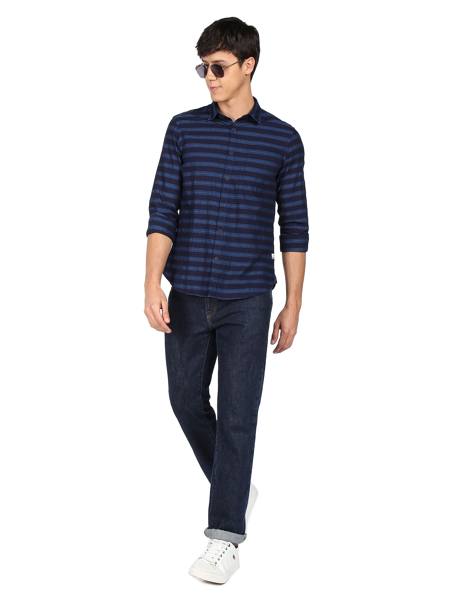 Flying Machine Horizontal Stripe Cotton Twill Shirt
