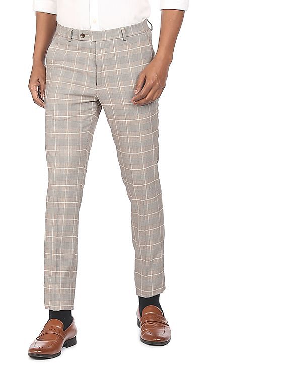 Peter England Grey Slim Fit Checks Trousers