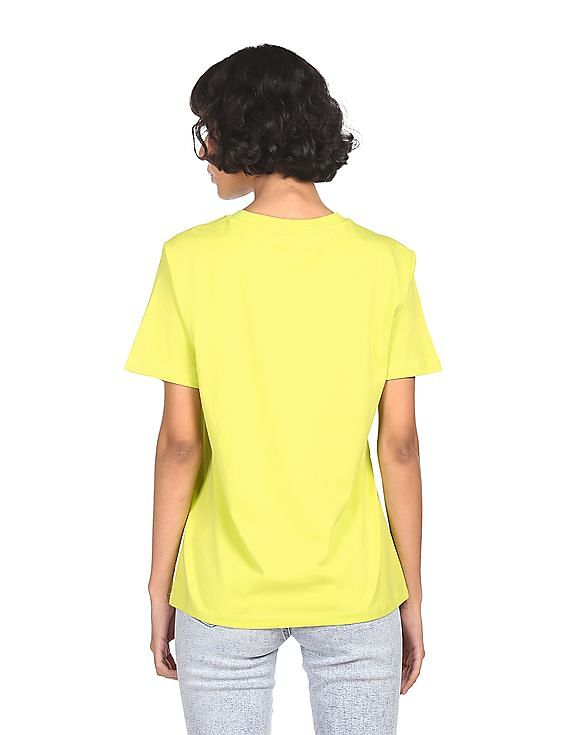 Calvin Klein Women Neon Green Crew Neck Brand Print T-Shirt