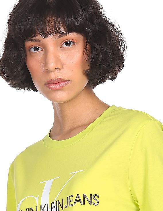 Calvin Klein Women Neon Green Crew Neck Brand Print T-Shirt