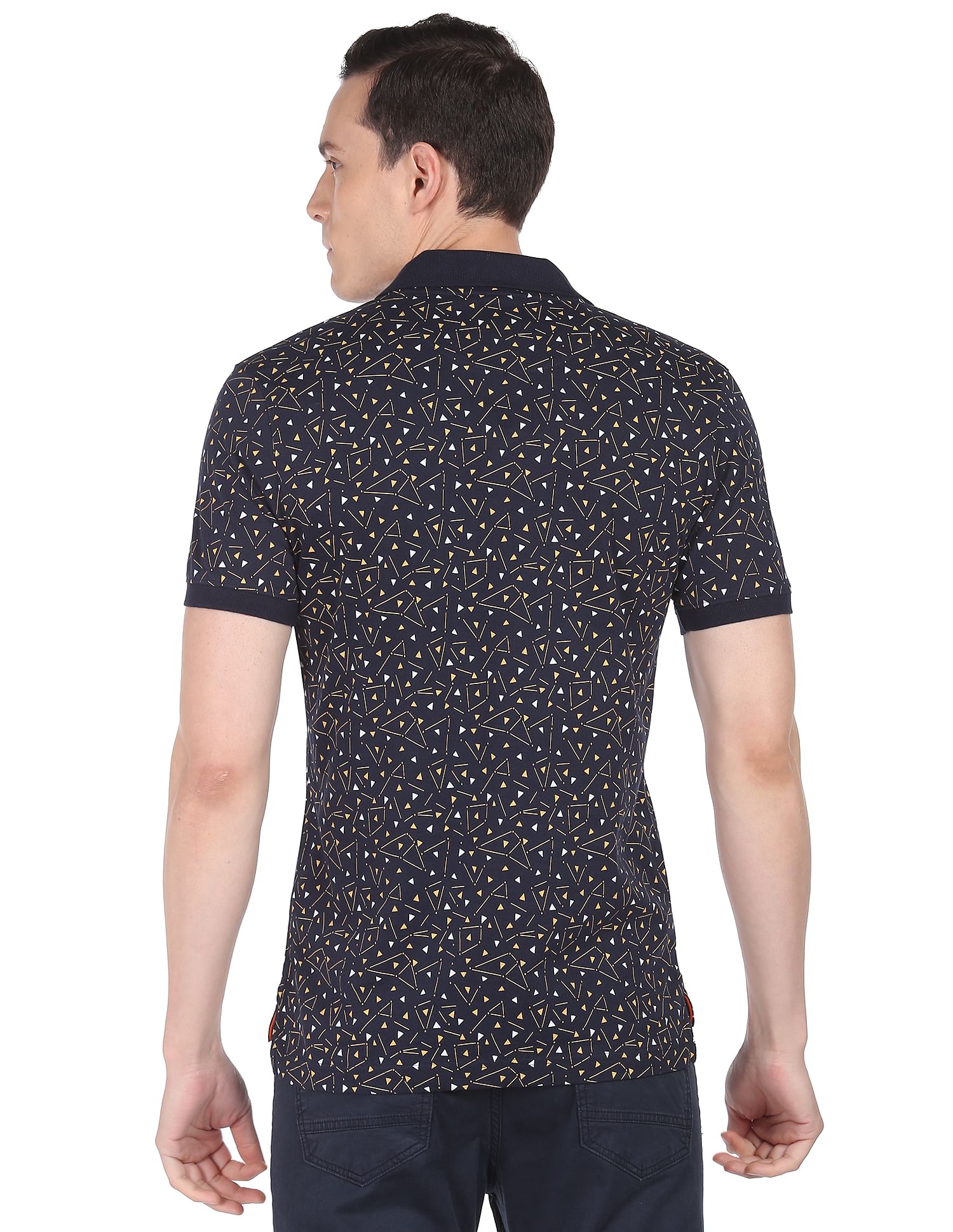 AD by Arvind Geometric Print Cotton Polo Shirt