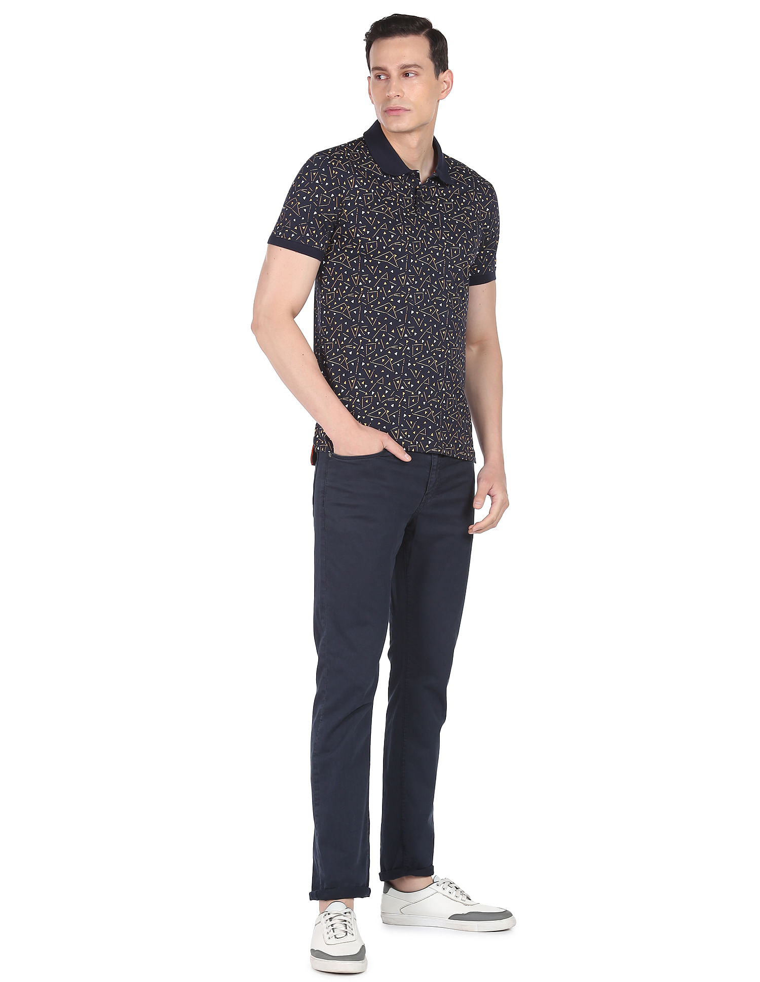 AD by Arvind Geometric Print Cotton Polo Shirt