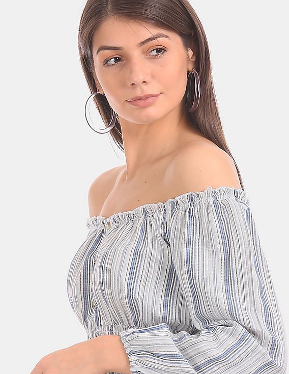 Aeropostale Women Blue And White Striped Off-Shoulder Top
