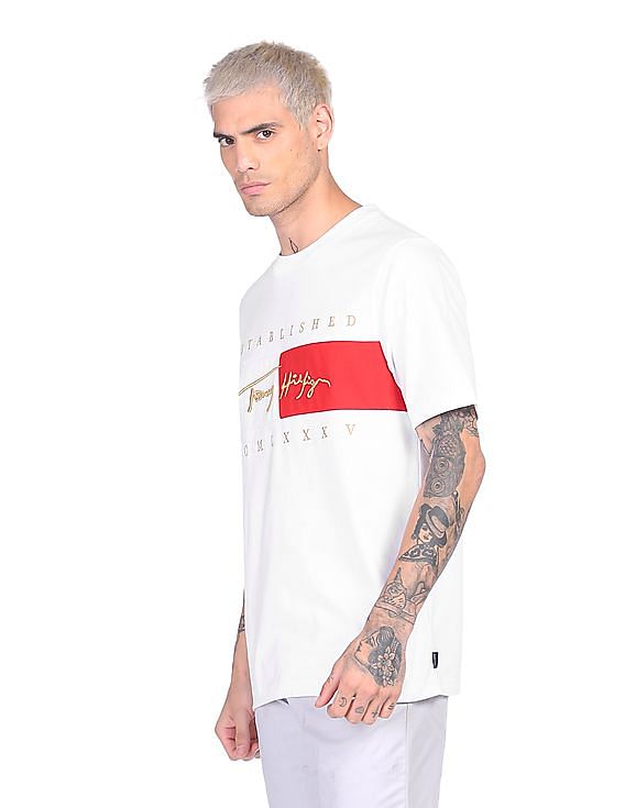 Buy Tommy Hilfiger Men White Crew Neck Signature Brand Embroidered T-Shirt