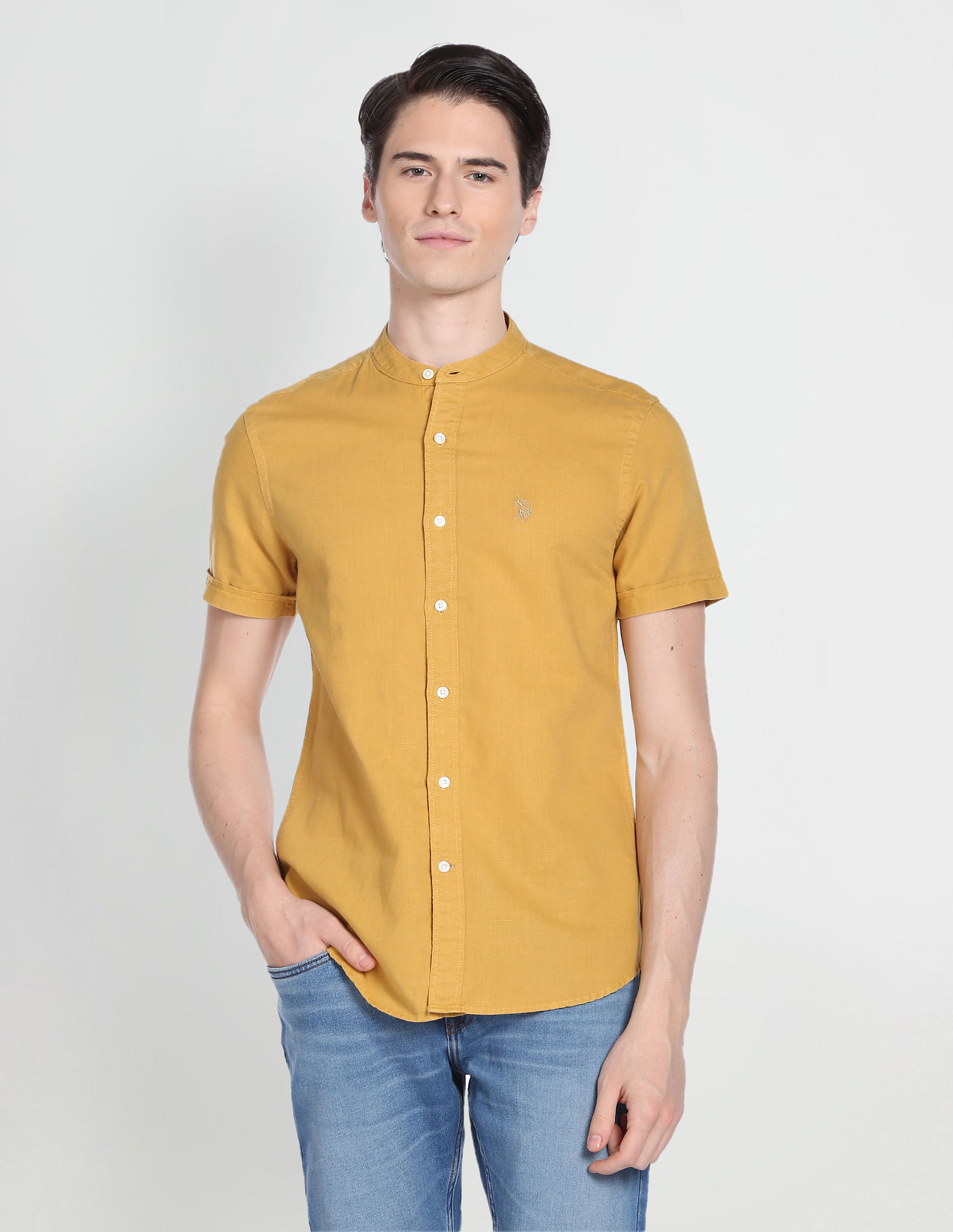 U.S. Polo Assn. Denim Co. Mandarin Collar Overdyed Solid Shirt
