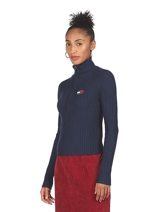 Buy Tommy Hilfiger Women Navy Turtle Neck Half Zip Through Sweater