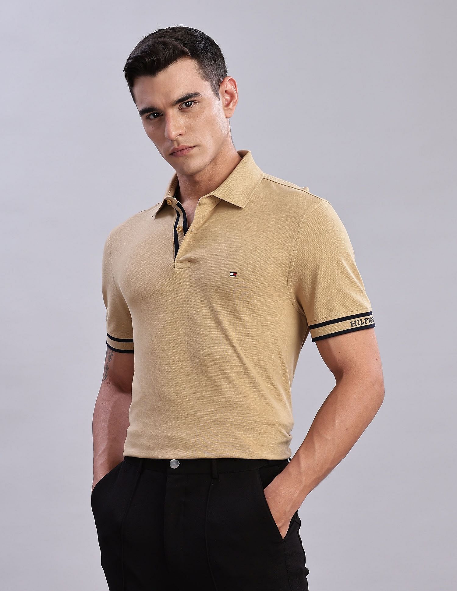 Tommy Hilfiger Mens Beige Solid Polo Shirt