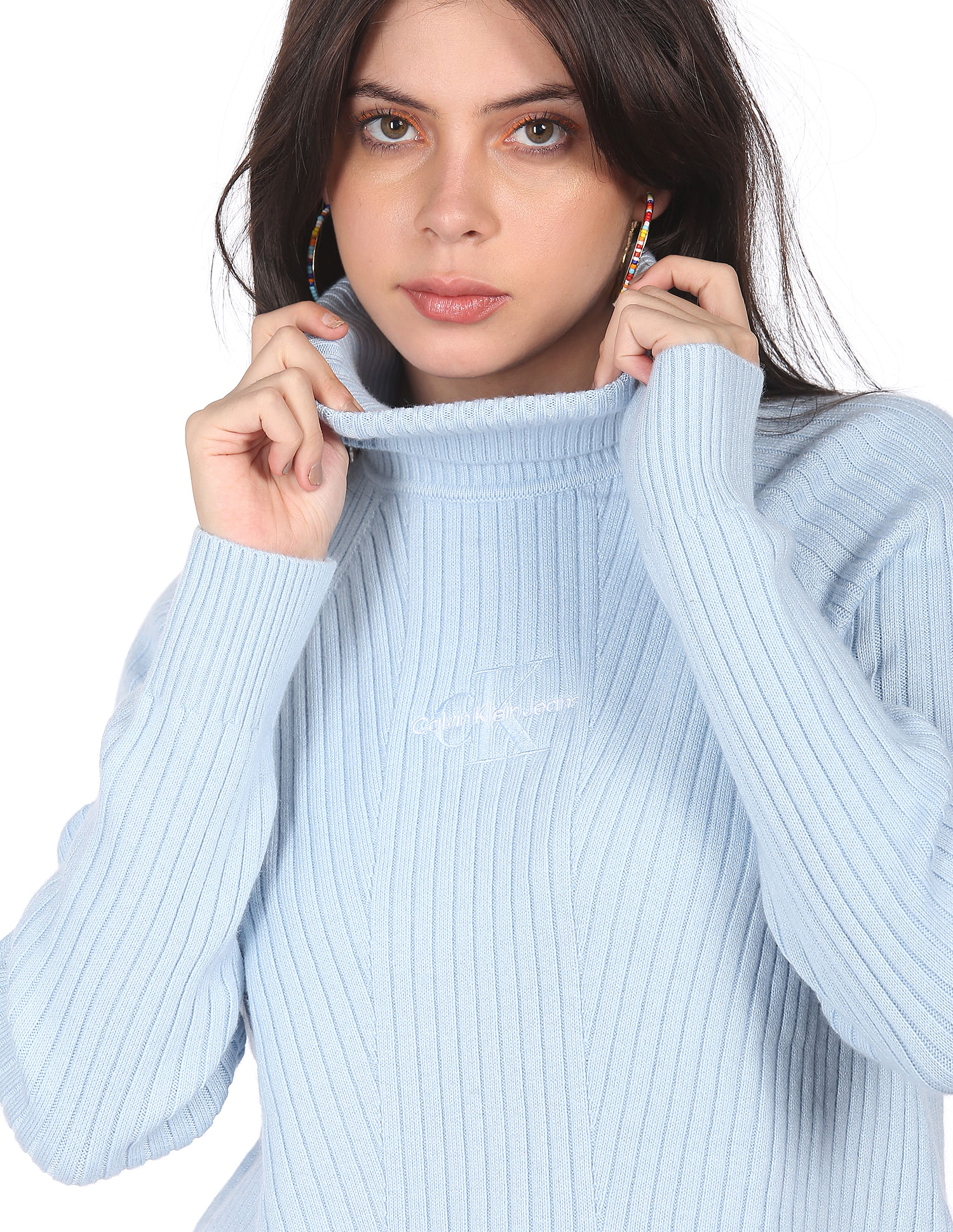 Buy Calvin Klein Jeans Women Light Blue Turtle Neck Embroidered Monogram  Sweater 