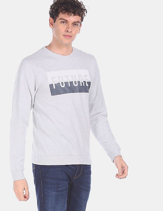 Flying Machine Ribbed Crew Neck Printed Sweatshirt
