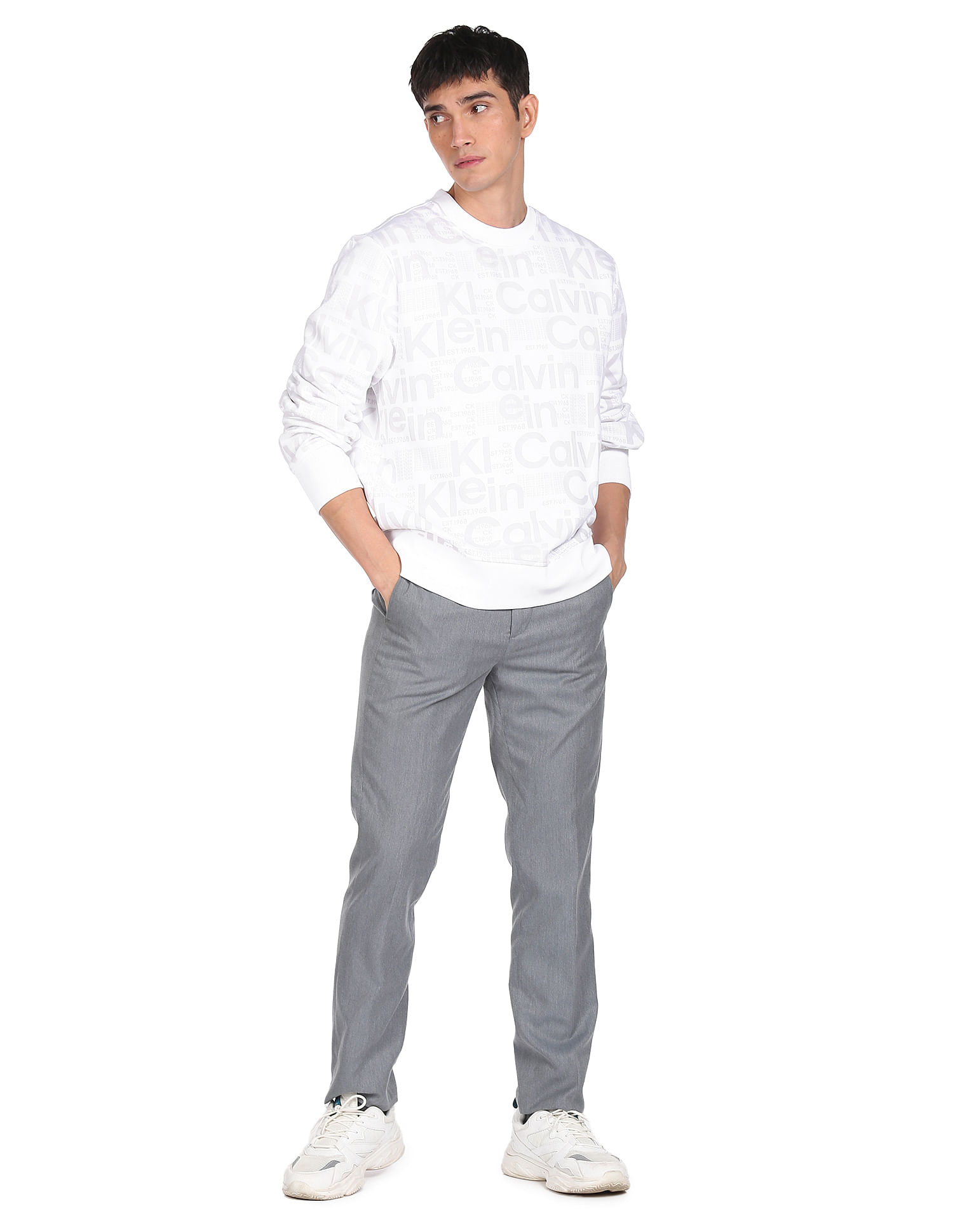 Calvin Klein Men White Broken Logo All Over Print Sweatshirt