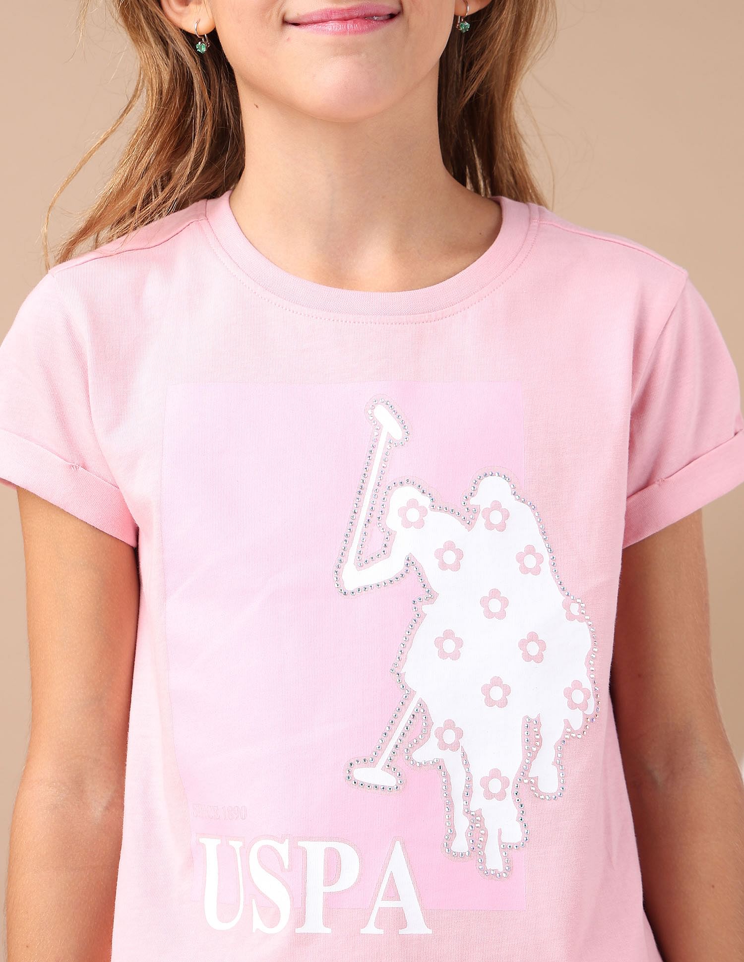 U.S. Polo Assn. Kids Girls Stud Detailed Relaxed Fit T-Shirt