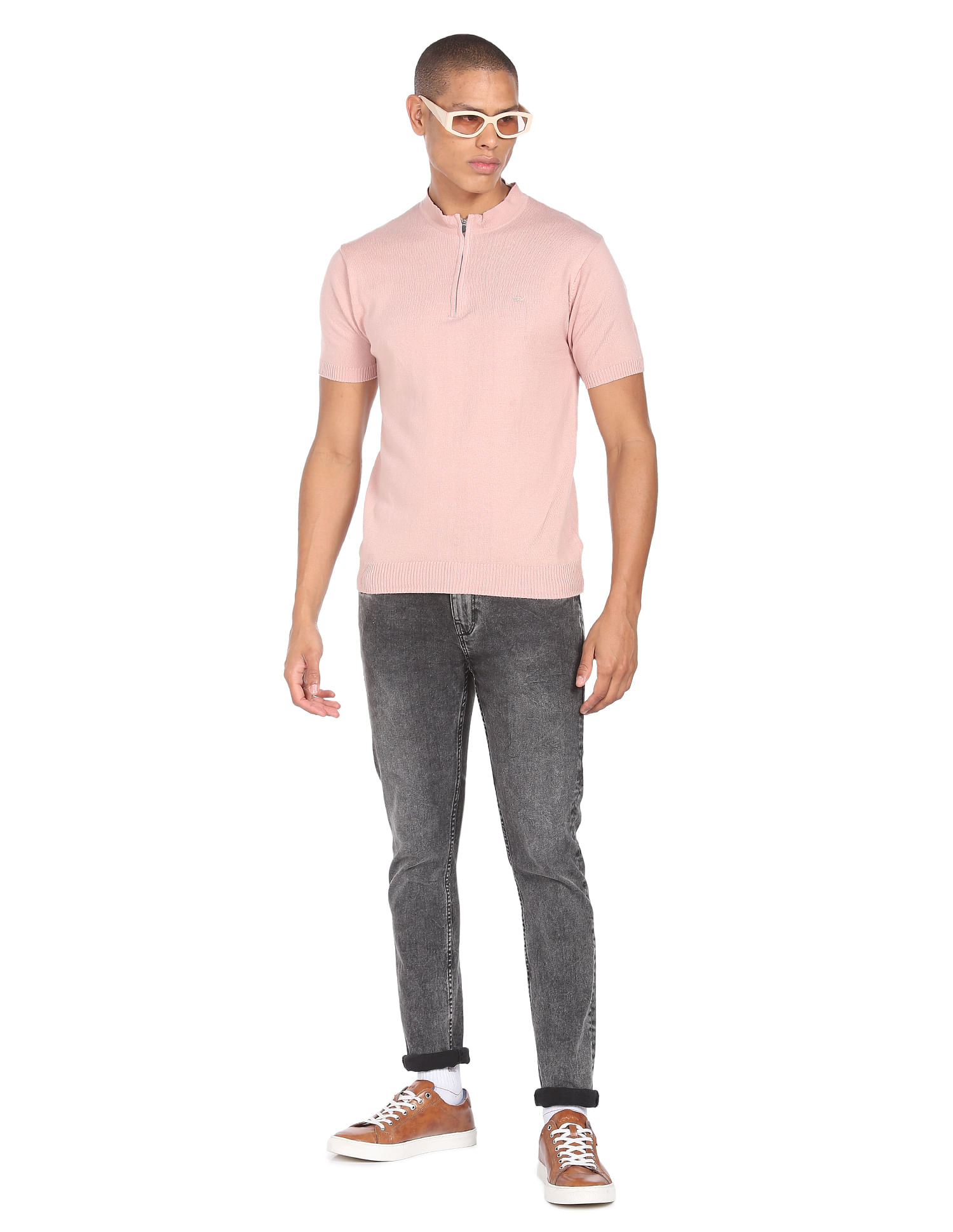 Flying Machine Mock Neck Solid T-Shirt