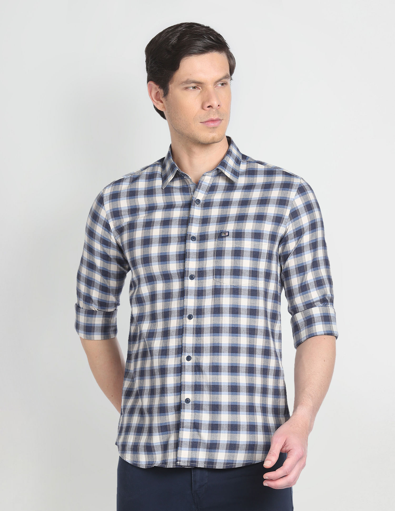 Arrow Sports Plaid Check Herringbone Shirt