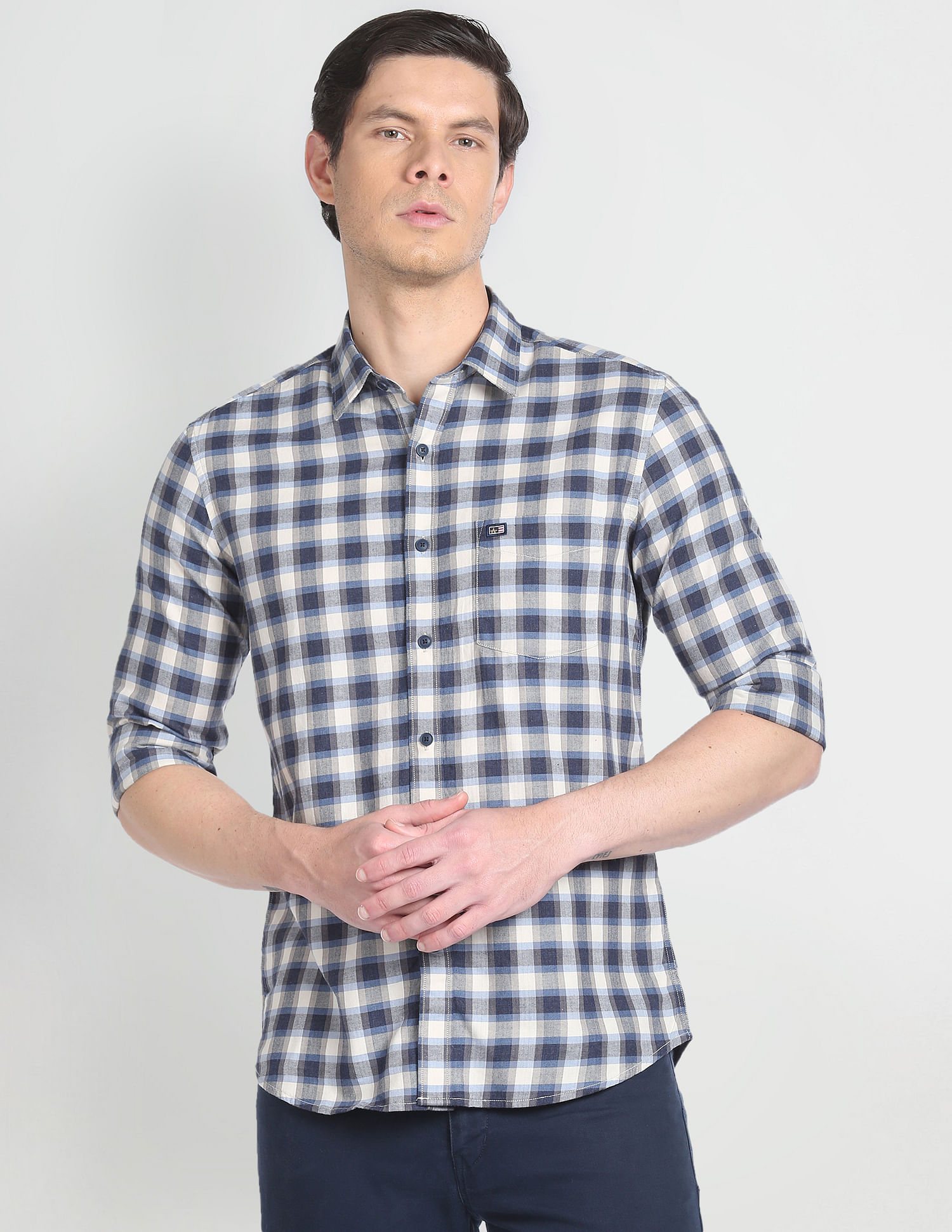 Arrow Sports Plaid Check Herringbone Shirt