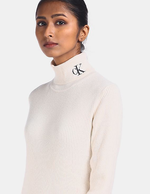 Calvin Klein Women White Striped High Neck Sweater