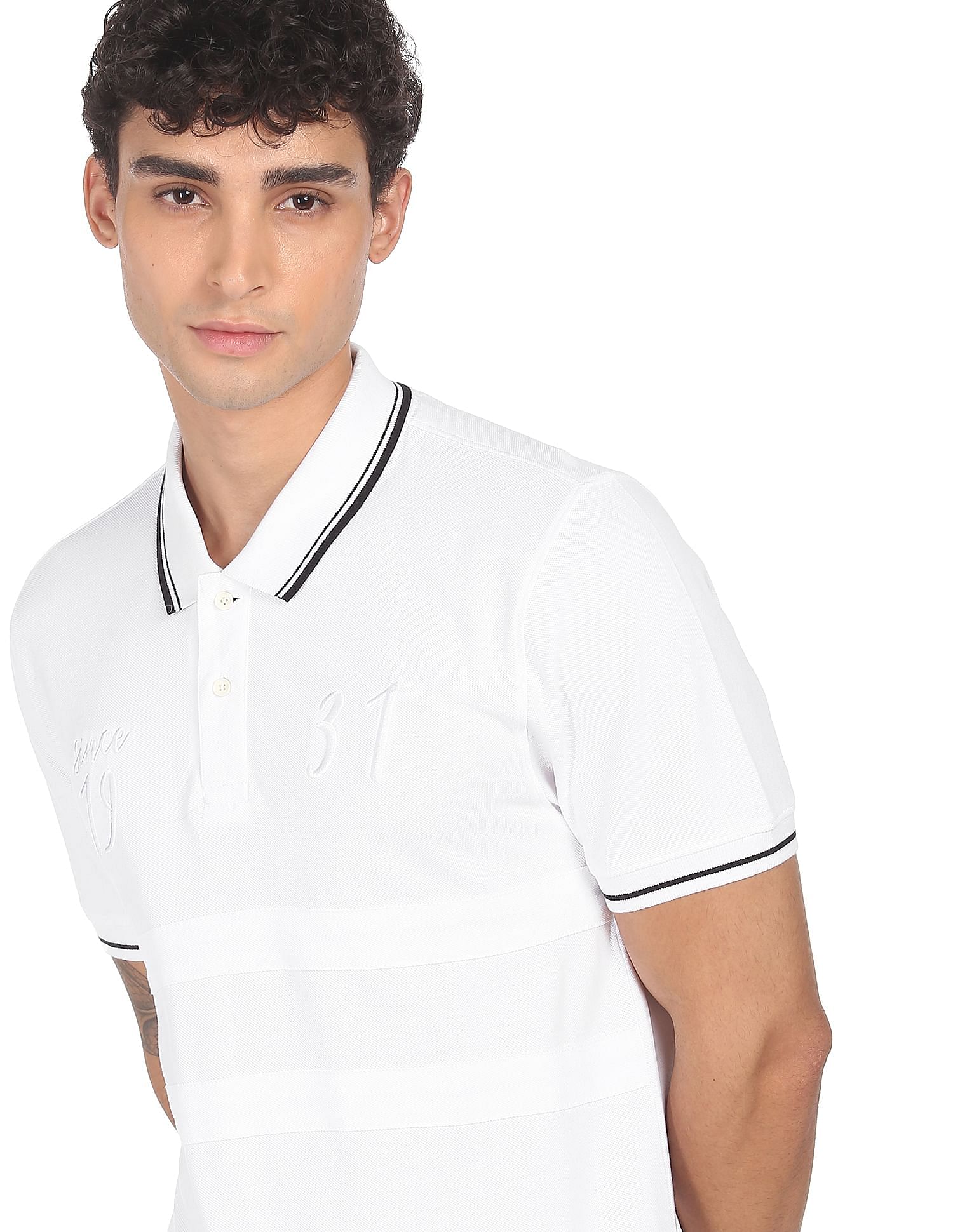 AD by Arvind Cotton Panelled Solid Polo Shirt