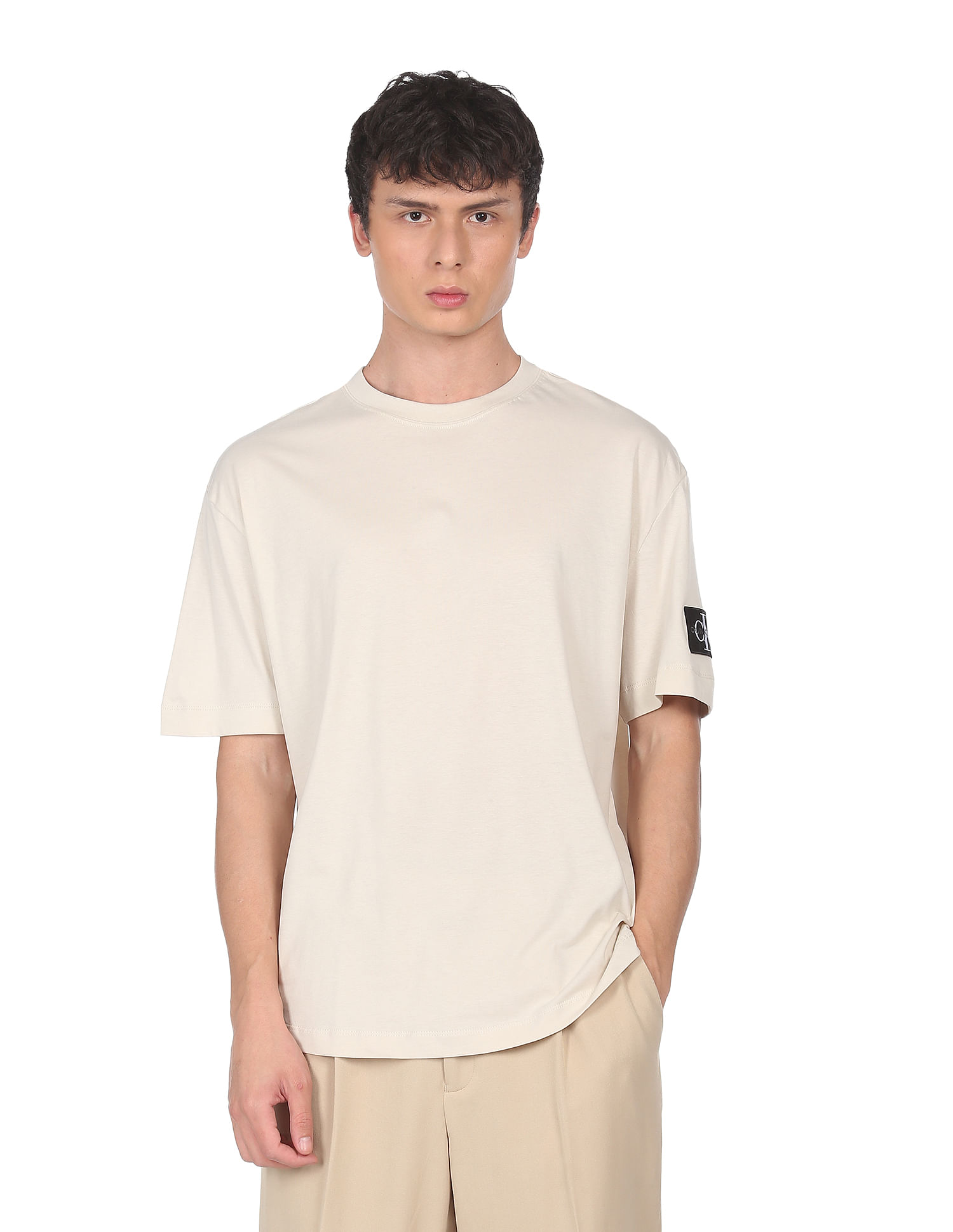 Buy Calvin Klein Jeans Men Cream Monogram Badge Oversized T