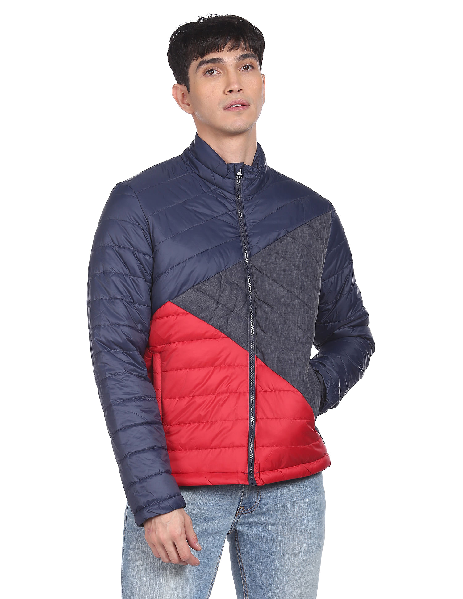 Flying Machine High Neck Colour Block Padded Jacket