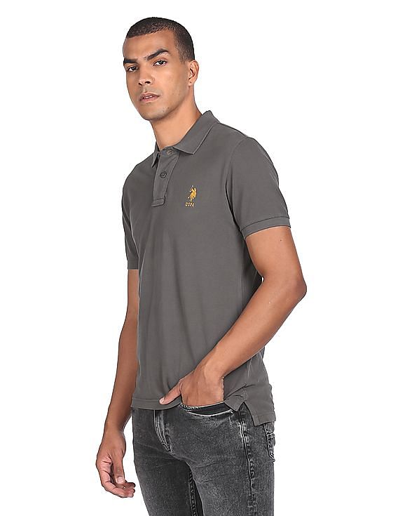 Buy . Polo Assn. Men Grey Solid Cotton Polo Shirt 