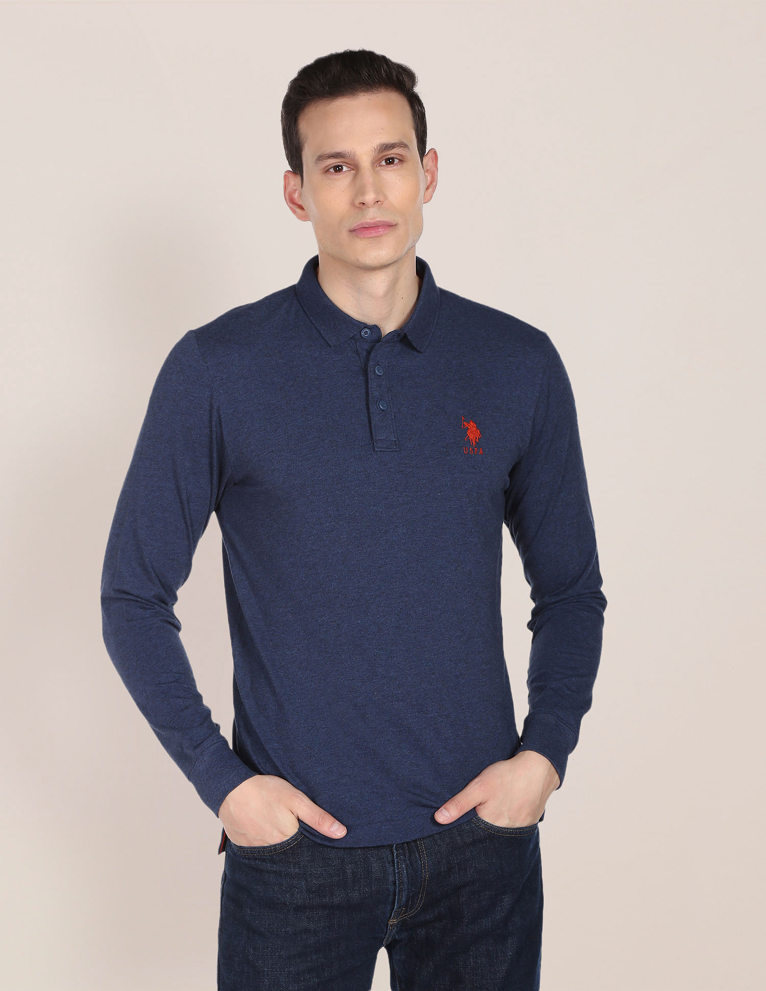 U.S. Polo Assn. Men Navy Long Sleeve Heathered Polo Shirt