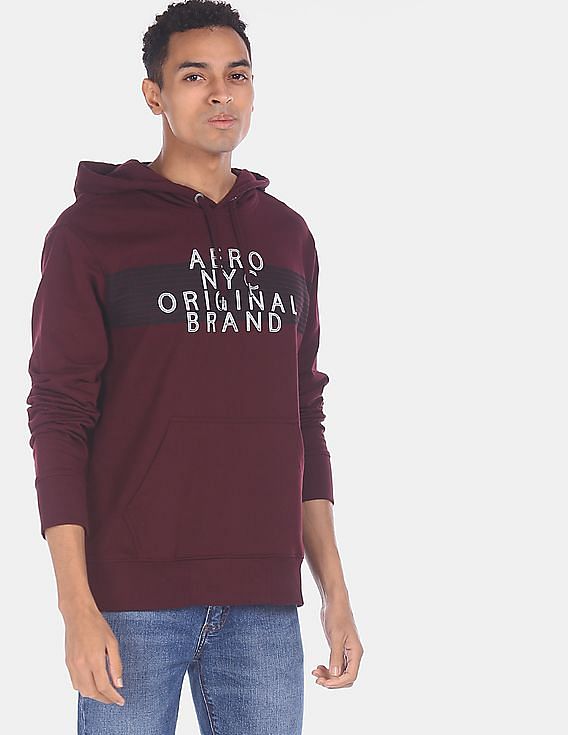 Aeropostale Men Burgandy Hooded Brand Printed Sweatshirt
