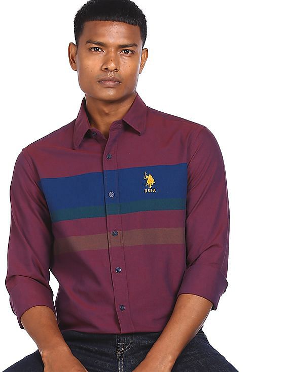 Buy . Polo Assn. Men Maroon Spread Collar Striped Casual Shirt -  