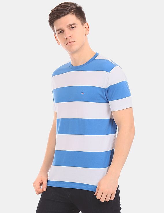Buy Tommy Hilfiger Men Men Blue And White Ribbed Neck Striped T