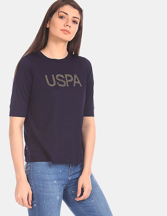 U.S. Polo Assn. Women Blue Brand Embellished Round Neck T-Shirt