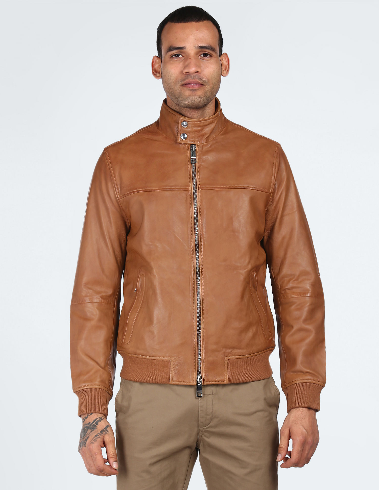 Tommy Hilfiger Men Brown High Neck Harrington Jacket
