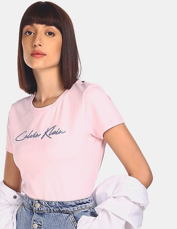 Buy Calvin Klein Women Light Pink Sequins Logo T-Shirt 