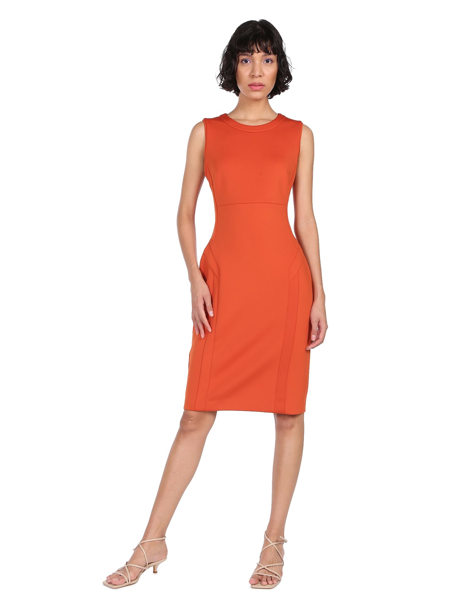 Calvin Klein Women Orange Solid Panelled Bodycon Dress