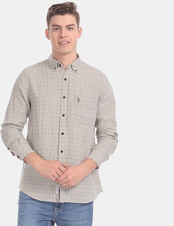 U.S. Polo Assn. Button Down Collar Check Linen Casual Shirt