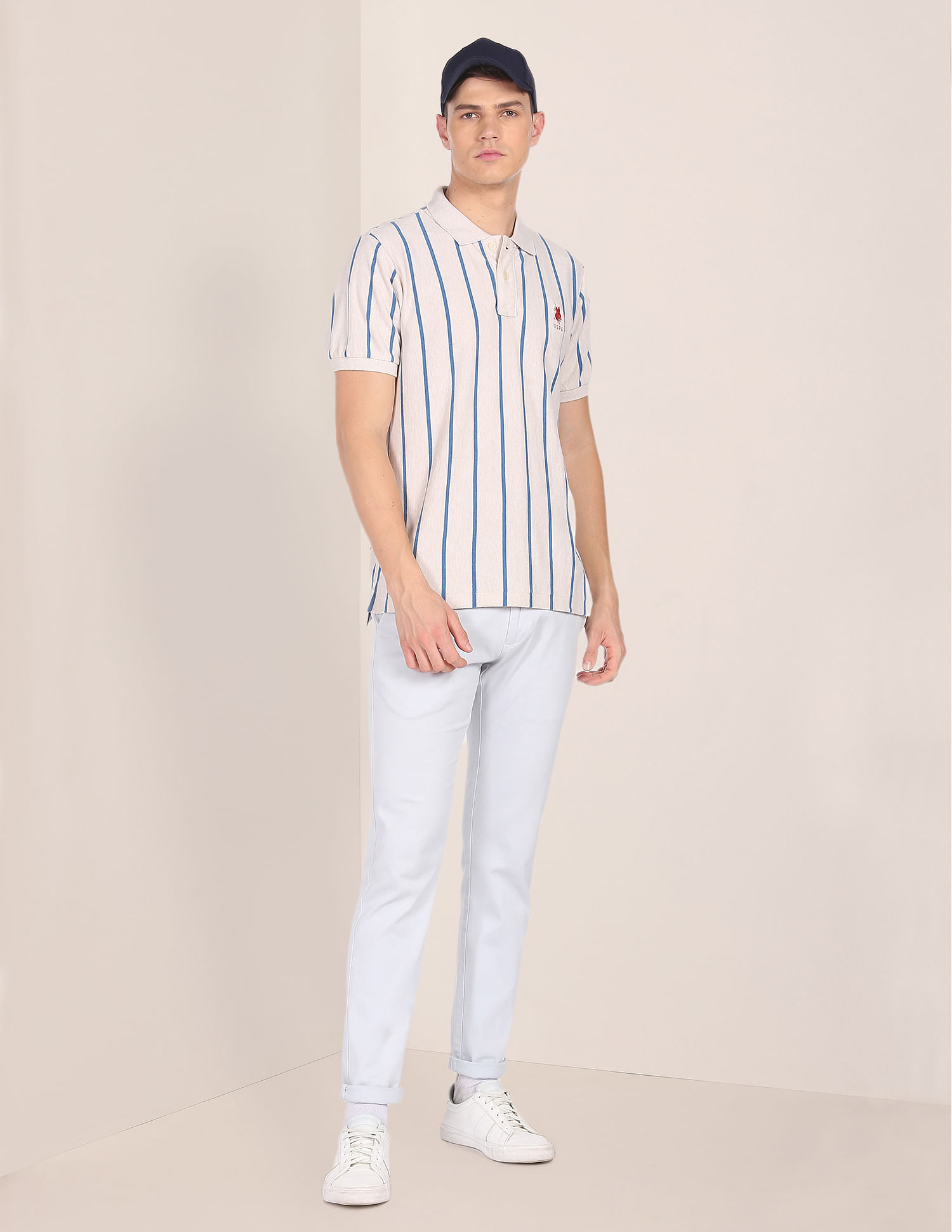 U.S. Polo Assn. Men Off White Cotton Pique Vertical Stripe Polo Shirt
